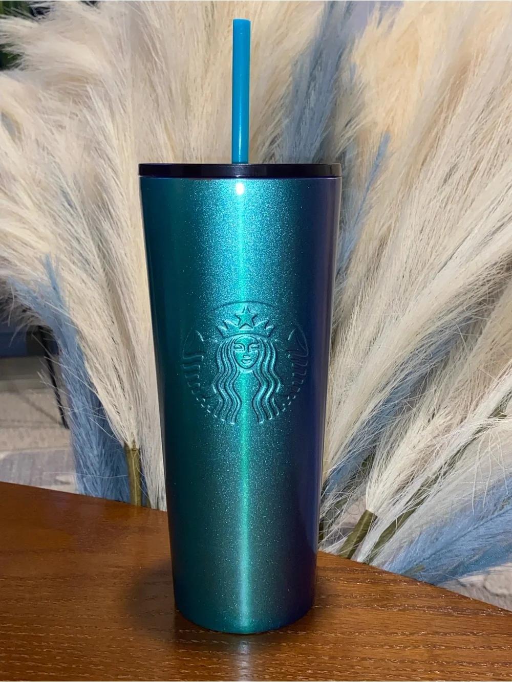 Collectible Metallic Starbucks Teal Shimmer Tall Tumbler with Teal Straw